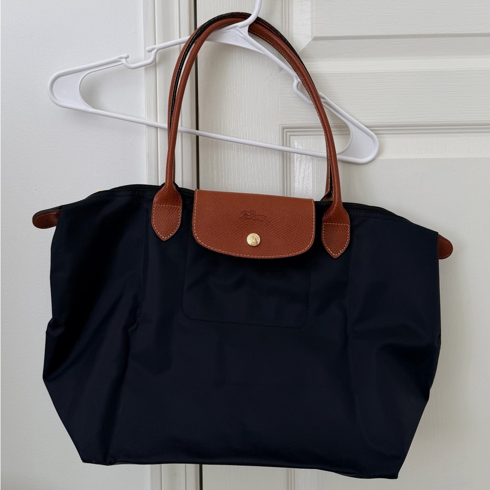 Longchamp L Black Tote Bag with Brown Leather Trim